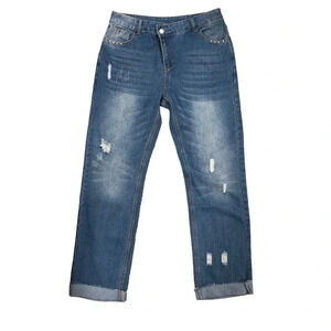 NWT NXH Distressed Jeans Womens size Large‎ Crossover Button/Zipper